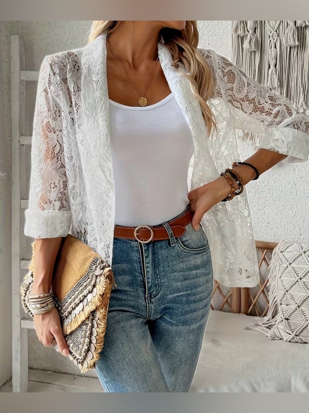 White Lace Blazer Jacket Floral Lace Long Sleeve White Jacket for Women - Picture 2 of 4
